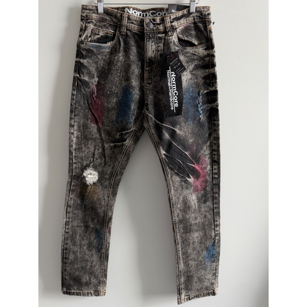 NormCore Mens Grunge Acid Wash‎ Painted Distressed Jeans Black 32x32